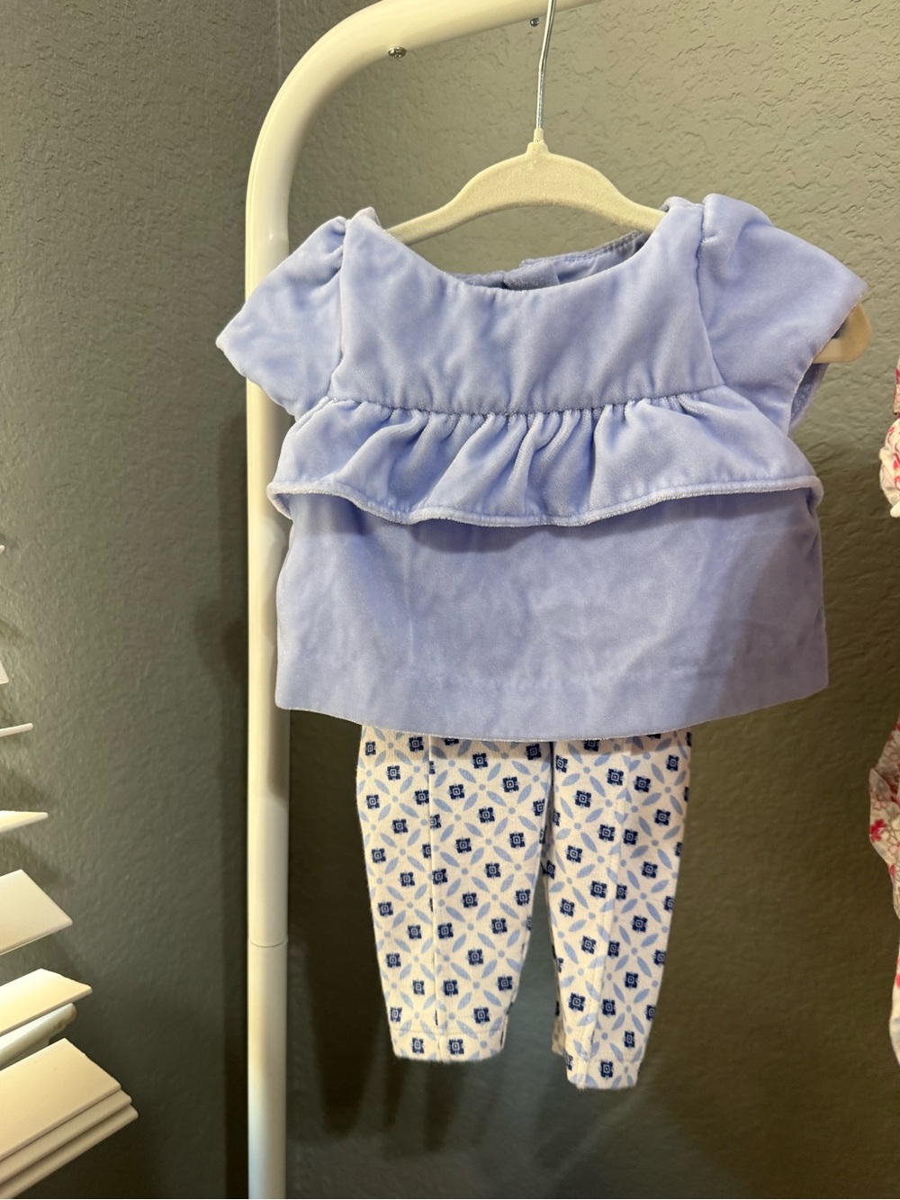 Janie and Jack Blue Ruffle Blouse with Blue Patterned Leggings